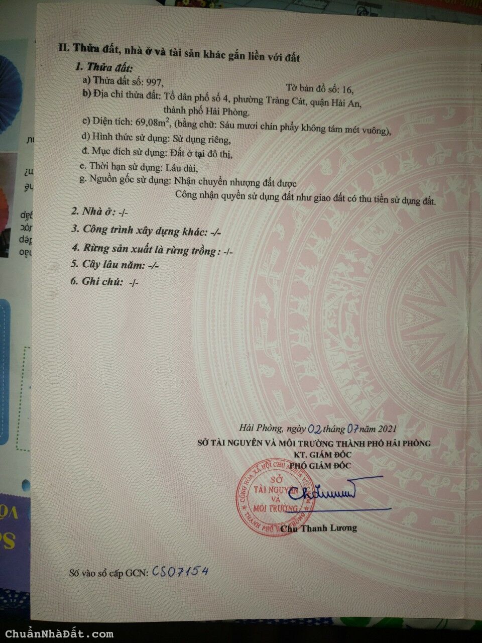 bán gấp 69m2 đất tại ngõ số 36 Tràng Cát giá 18.5tr/m2