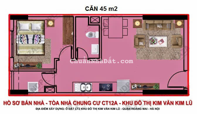 Chính chủ bán căn hộ 1 ngủ hướng Đông Nam, giá 2.2 tỷ tại tòa CT12A KDT Kim Văn Kim Lũ 