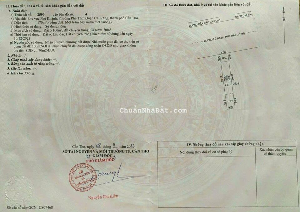 2,2 TỶ: Bán nền 170m2 đường Trương Vĩnh Nguyên, Phú Thứ, Cái Răng, TP Cần Thơ