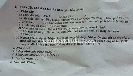 780 TRIỆU: 171m2 đất tại Dòng Ổi, Phú Thứ, Cái Răng, TP Cần Thơ