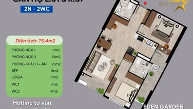 Chung cư Eden Garden, Căn 75.4m2 2N 2VS Đông Nam VIEW Lê Lợi, nội thất liền tường giá chỉ 2.3xx tỷ