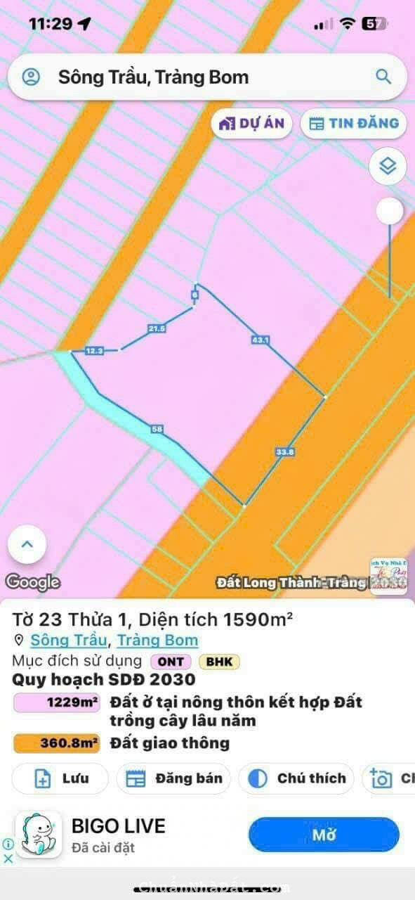 Bán 1590 m2 Đất Mặt Tiền Đường Nguyễn Hoàng _ Km Số 9 _ Sông Trầu _ Trảng Bom _ ĐN