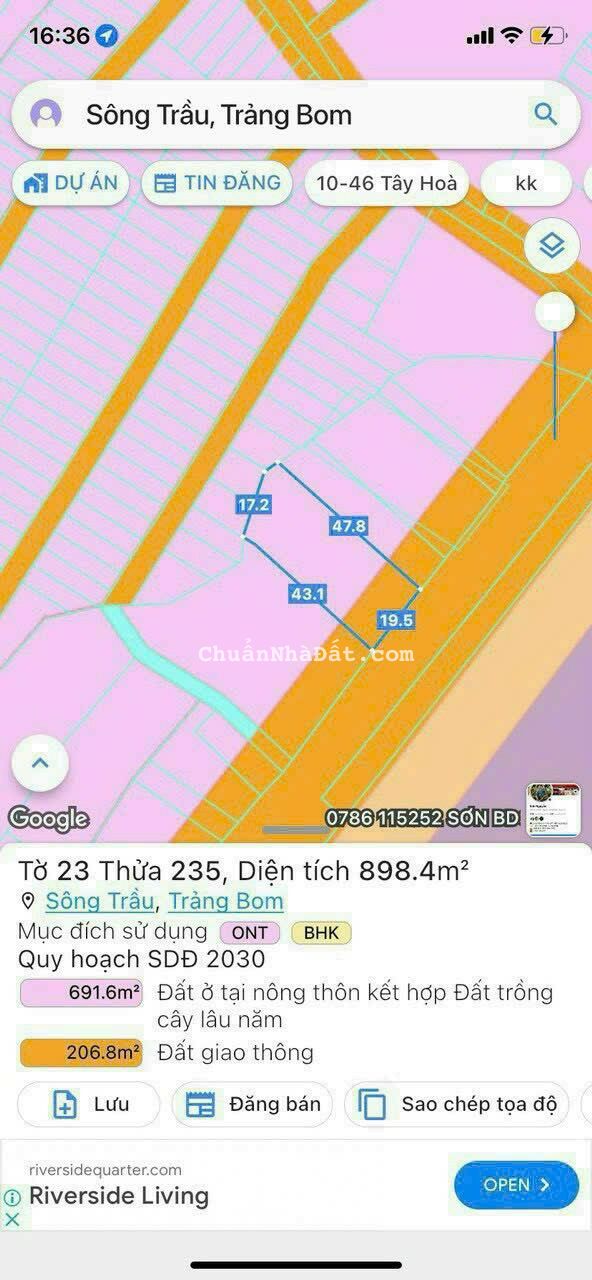 Bán 898 m2 Mặt Tiền Đường Nguyễn Hoàng _ Sông Trầu _ Trảng Bom_ Đồng Nai 