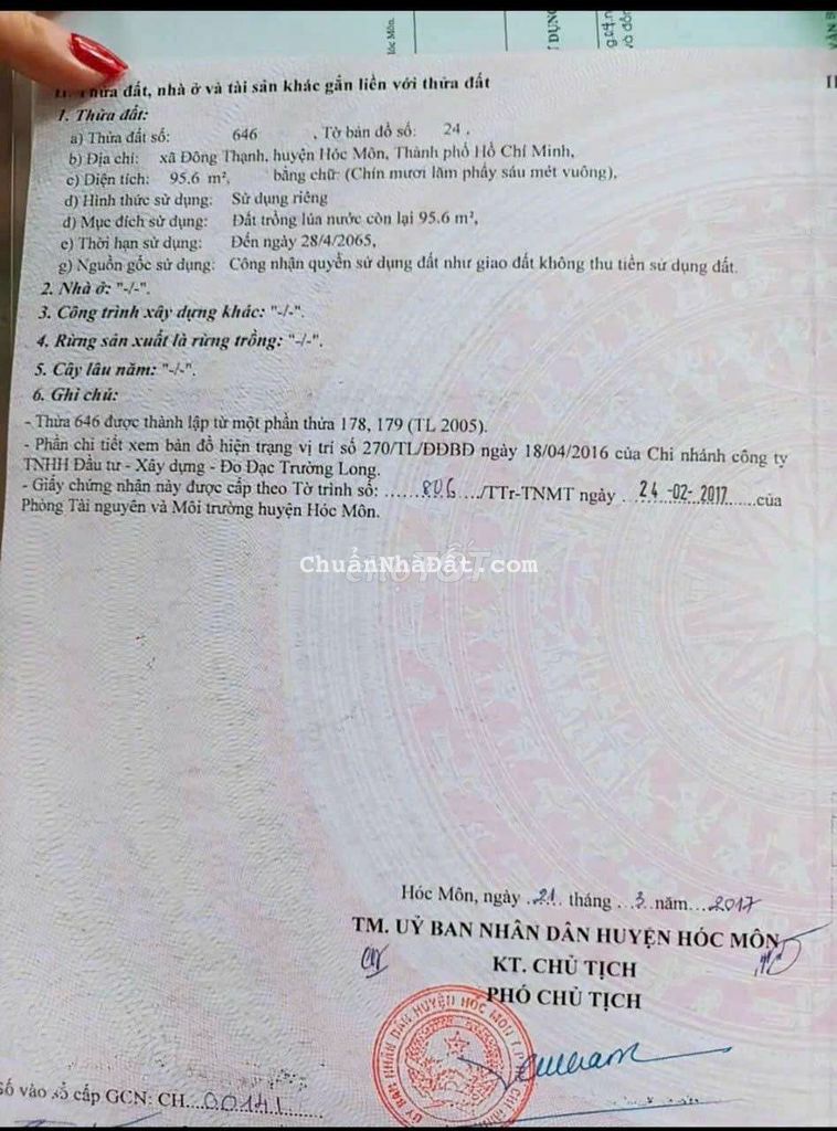 Đất Sổ Hồng Riêng 6,2x17  Có 95,2m2 Thổ Cư Đường 4m Thông