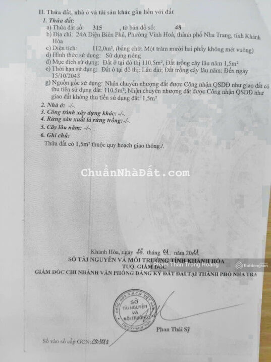 Bán đất 24A đường Điện Biên Phủ, Phường Vĩnh Hoà, Nha Trang 112m2 ( rộng 6,5m ) giá 75trđ/m2