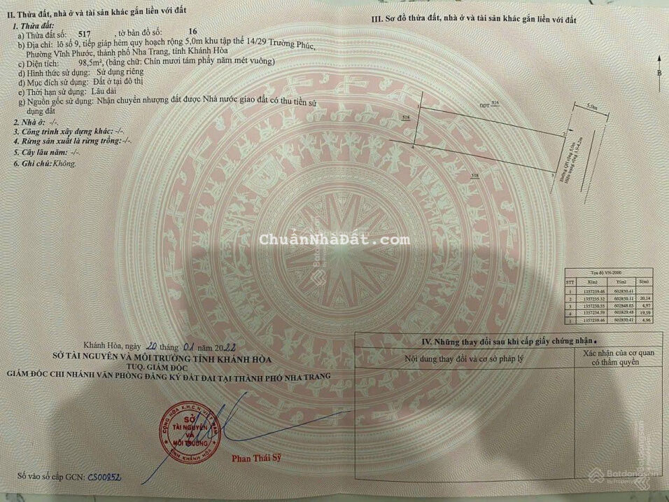 Bán đất Phường Vĩnh Phước, gần Đại Học Nha Trang. Dt 98,5m2 (ngang 5m) hướng đông - giá 3,8 tỷ